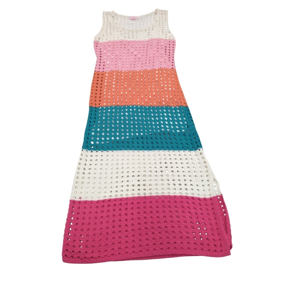 Pink Lily Crochet Knit Maxi Dress Sz L Striped Rainbow Coverup Lined Resort Boho